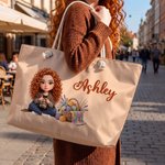 Spersonalizowana torba weekendowa z motywem kreskówkowym i wzorem z włóczki – wielokolorowa torba typu tote z imieniem, niezbędna w podróży, idealny prezent urodzinowy dla miłośników robótek na drutac