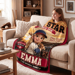 Personalized Cartoon Baseball Character Photo Soft Throw Blanket with Name and Number Home Decor Team Birthday Gift for Baseball Lovers