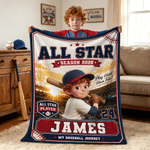 Personalized Cartoon Baseball Character Photo Soft Throw Blanket with Name and Number Home Decor Team Birthday Gift for Baseball Lovers