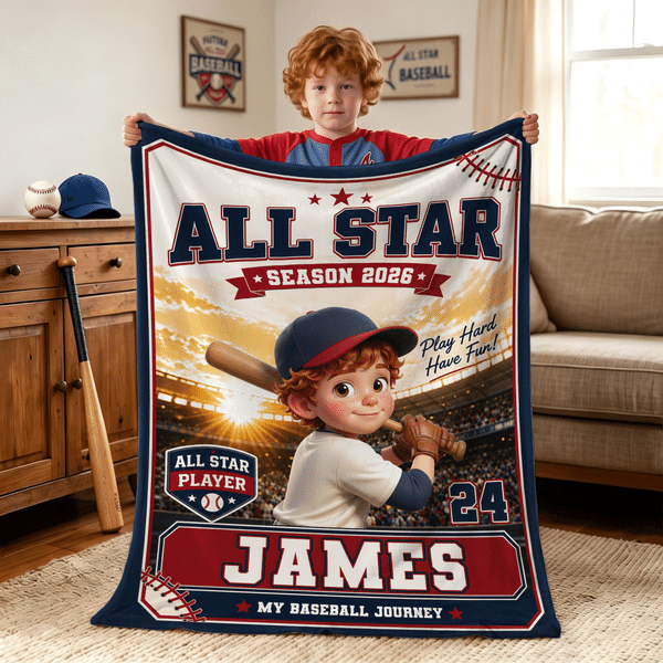 Personalized Cartoon Baseball Character Photo Soft Throw Blanket with Name and Number Home Decor Team Birthday Gift for Baseball Lovers