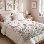 Personalized Warm Pink Wildflower Butterfly Soft Throw Blanket with Name Home Decor Birthday Gift for Baby Girl