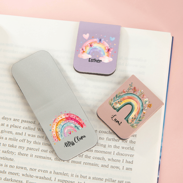 Personalised Rainbow Flower Butterfly Magnetic PU Leather Bookmark Clip with Name Teacher Appreciation Birthday Gift for Teachers Book Lovers