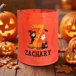 Personalised Halloween Theme Cartoon Initial LED Light Bucket Bag with Name Trick or Treat Halloween Party Gift for Boys Girls