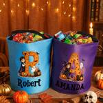 Personalised Halloween Theme Cartoon Initial LED Light Bucket Bag with Name Trick or Treat Halloween Party Gift for Boys Girls