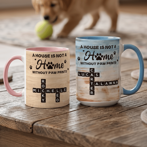 Personlig korsordsmugg – ”Ett hus är inget hem utan tassavtryck” – 11 oz, 15 oz keramikmugg med namn och underlägg – Jubileums- och födelsedagspresent till husdjursägare