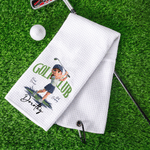 Personalized Golf Club Cartoon Golfer Photo Portable Waffle Golf Towel with Name and Hang Clip Daily Use Game Day Birthday Gift for Golfer Golf Lover