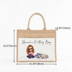 Personalized Knitting Cartoon Character Large Reusable Jute Bag with Photo and Text Daily Use Birthday Sewing Gift for Knitting Lover Woman
