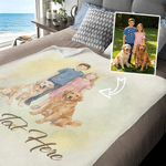 Gepersonaliseerde, zachte plaid met warme aquarelportretten van het gezin, met tekst – Woonaccessoire, cadeau voor jubilea en verjaardagen voor familie en vrienden