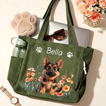 Personalised Birth Flower Paw Print 1-2 Pet Photo Corduroy Tote Bag with Name Daily Use Birthday Gift for Pet Lovers