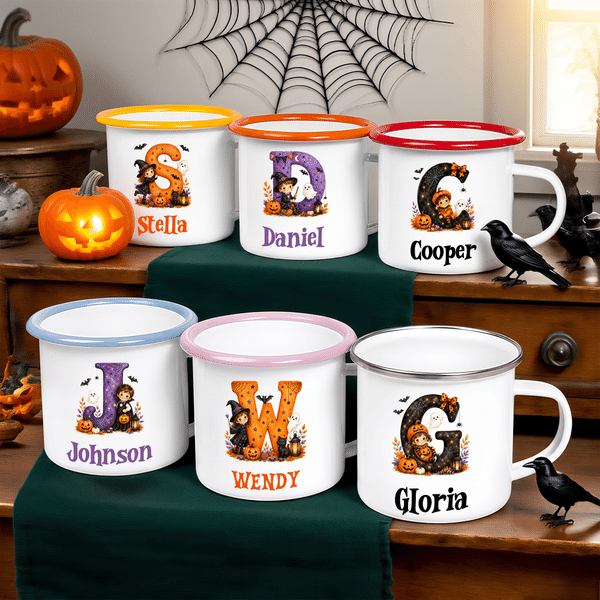 Personalized Halloween Witch Cartoon Character Initial Multicolour 12 oz Enamel Mug with Name Halloween Party Gift for Kids