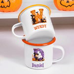 Personalized Halloween Witch Cartoon Character Initial Multicolour 12 oz Enamel Mug with Name Halloween Party Gift for Kids