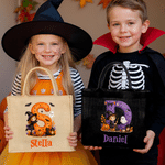 Personalised Halloween Witch Cartoon Character Initial Large Capacity Jute Tote Bag with Name Halloween Party Gift for Family Kids