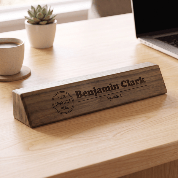Personalised Wedge Walnut Name Plate Desk Sign with Logo Card Holder Office Decor Promotion Graduation Gift for Colleagues Graduates
