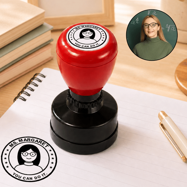 Personalized Cartoon Teacher Portrait Multicolour Self-Inking Stamp with Title Surname and Text Teacher's Day Appreciation Birthday Gift for Teachers