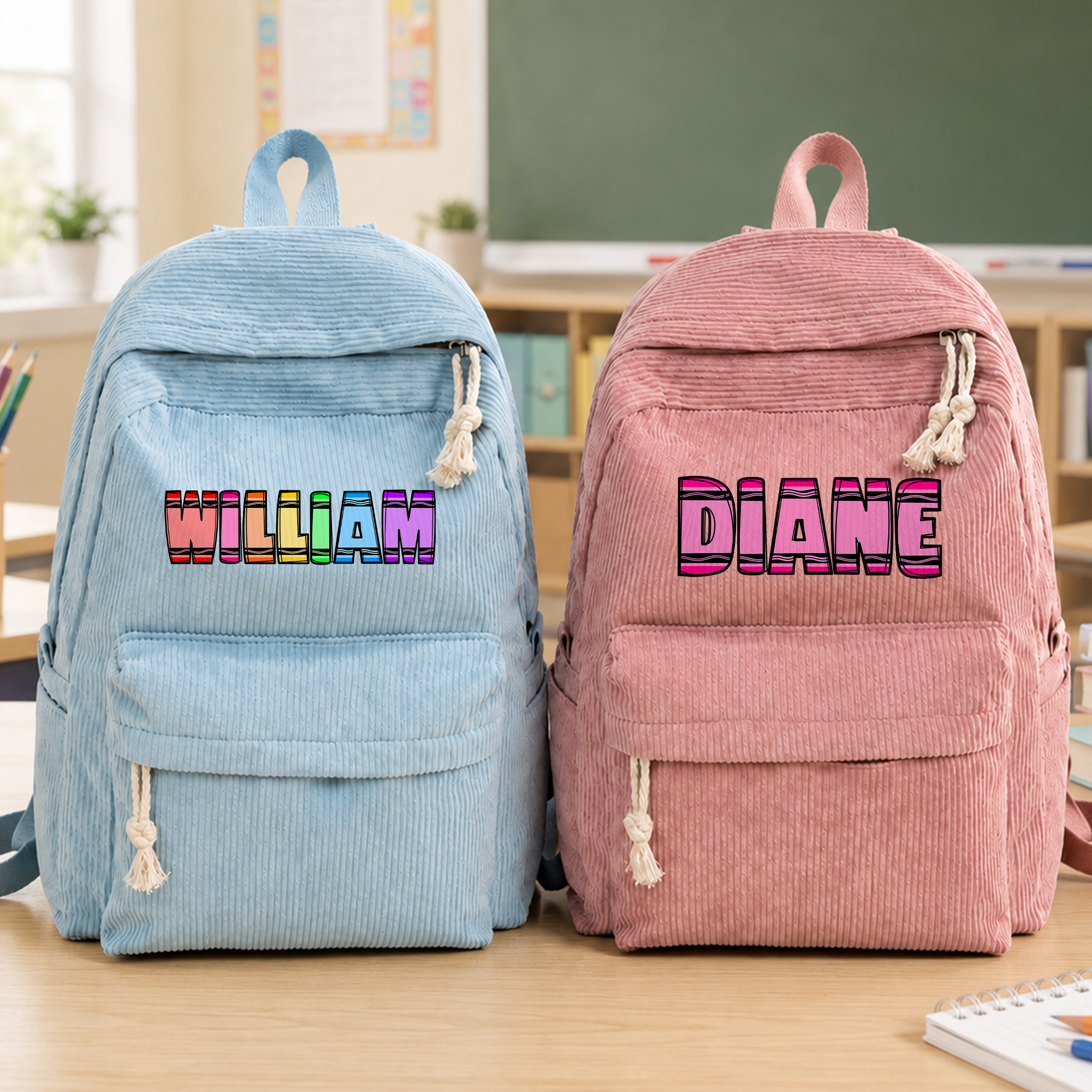 Individuell gestalteter, farbenfroher Rucksack aus leichtem Cord mit Buntstift-Motiv und Namensaufdruck – ideal für den Schulanfang, Outdoor-Aktivitäten und als Geburtstagsgeschenk für Kinder