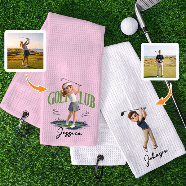 Personalized Golf Club Cartoon Golfer Photo Portable Waffle Golf Towel with Name and Hang Clip Daily Use Game Day Birthday Gift for Golfer Golf Lover