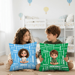 Personligt, sött kuddöverdrag med tecknad figur i flera färger och namn – inredningsdetalj, present till babyshower och födelsedag för barn, pojkar och flickor