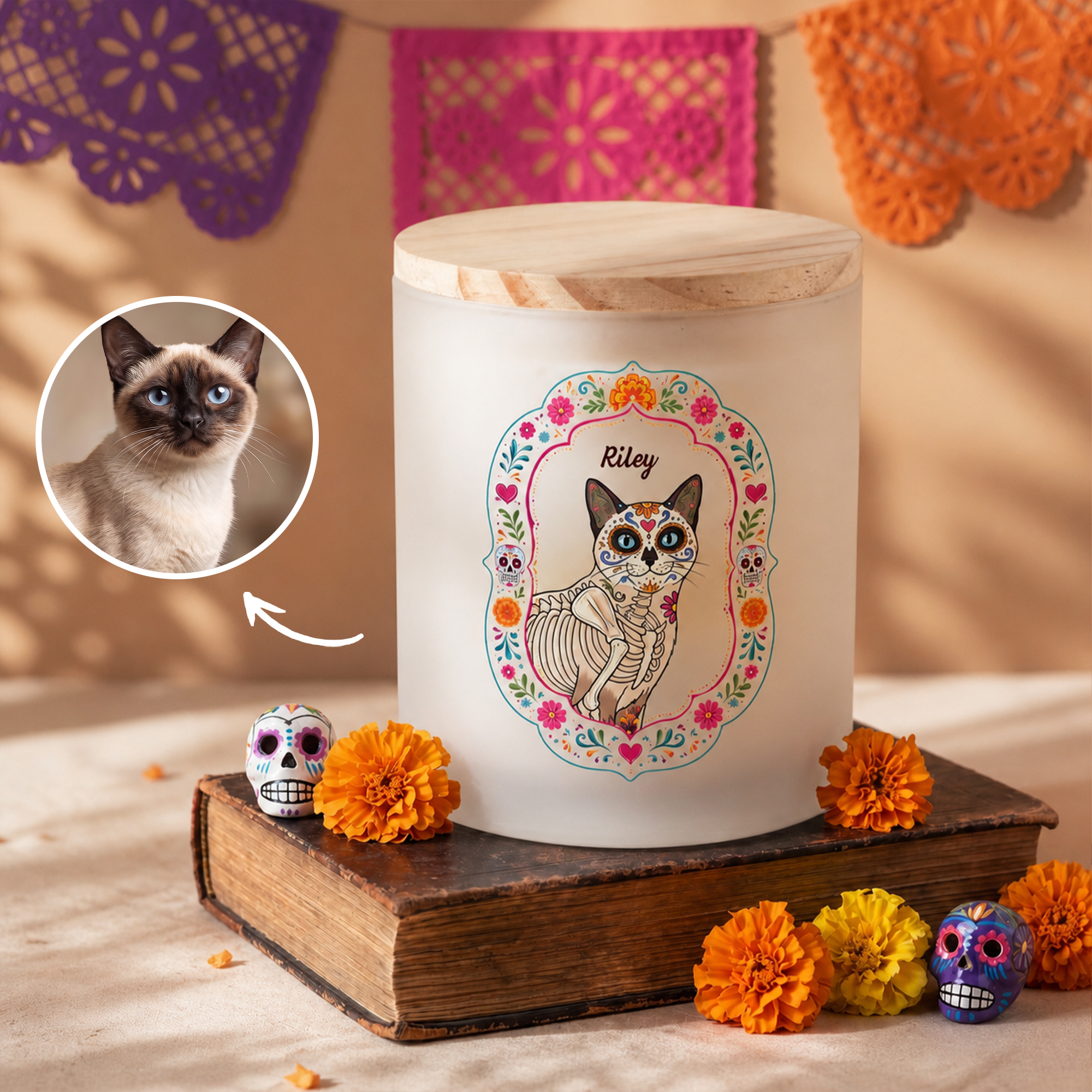 Personalisierter Blumen-Zuckerschädel-Porträt-Kerzenhalter mit Foto als Gedenkkerze und LED-Kerze – „Tag der Toten“-Geschenk für Tierliebhaber