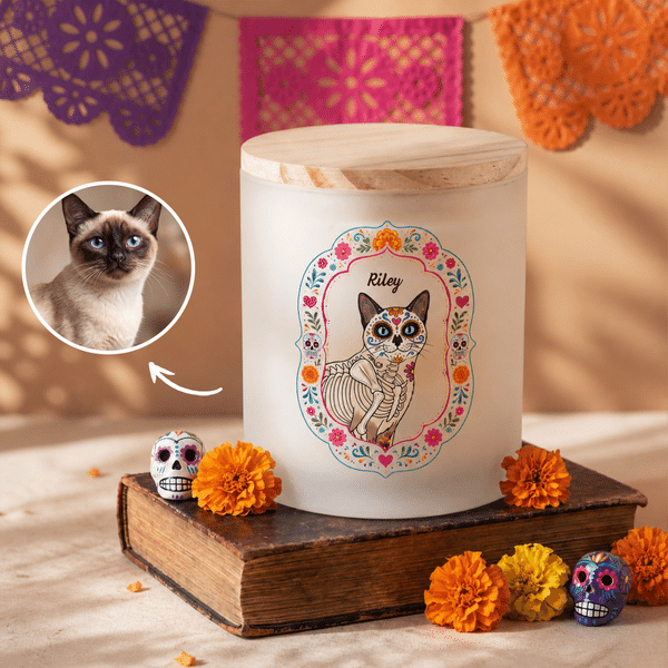 Personalised Floral Sugar Skull Pet Portrait Photo Memorial Candle Holder with LED Candle Day of the Dead Gift for Pet Lover