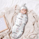 Personlig blomstret søt elefant 100% bomull Swaddle Set Sleep Sack og lue med navn mors dag bursdag baby shower gave til baby