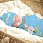 Personalized Multicolor 100% Cotton Flower Initial Name Swaddle and Knot Hat Set Baby Shower Birthday Gift for Newborns