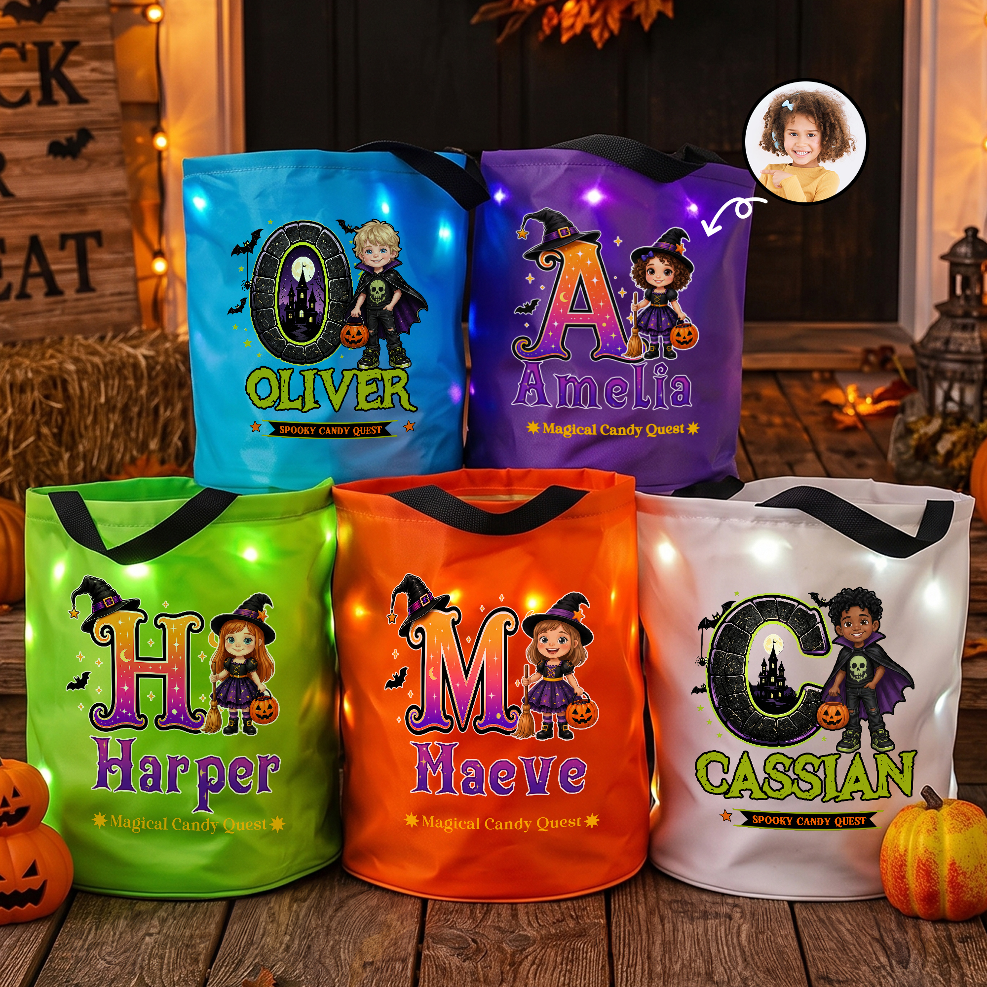 Personalisierte, magische, gruselige „Candy Quest“-LED-Lampe mit Cartoon-Figur und Foto – „Trick or Treat“-Tasche mit Namen und Buchstabe – Halloween-Party-Geschenk für Kinder