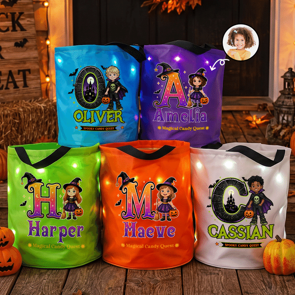Personalized Magical Spooky Candy Quest Cartoon Character Photo LED Light Trick or Treat Bag with Name and Letter Halloween Party Gift for Kid