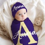 Personalized Multicolor 100% Cotton Flower Initial Name Swaddle and Knot Hat Set Baby Shower Birthday Gift for Newborns