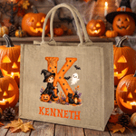 Personalised Halloween Witch Cartoon Character Initial Large Capacity Jute Tote Bag with Name Halloween Party Gift for Family Kids