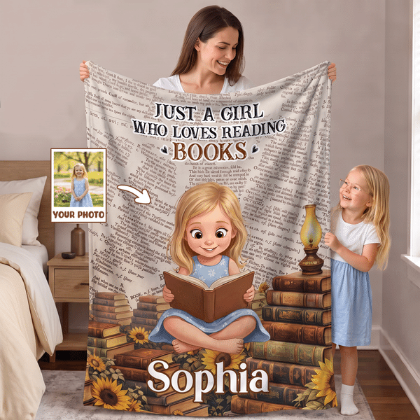 Personalised Book‑Reading Character Photo Soft Throw Blanket with Name and Title Daily Reading Use Living Room Birthday Gift for Book Lovers Family