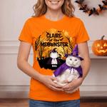 Personalized Spooky Halloween Monster Cat Kid Adult T-shirt Sweatshirt Hoodie with Name Matching Outfit Halloween Gift for Family Cat Lovers