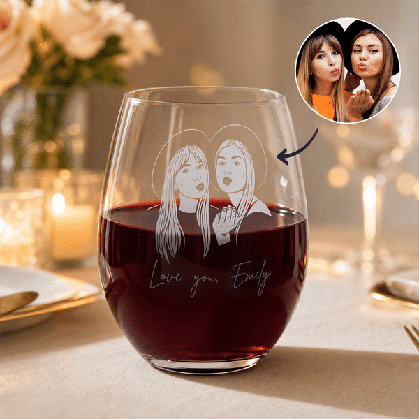 Personalized Besties Photo 15 oz Stemless Wine Glass with Name Home Decor Date Night Birthday Gift for Bestie Best Friend