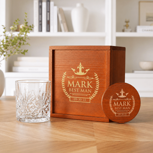 Personalized Retro Initial Whiskey Glass Wooden Box Coaster Set with Name and Date Birthday Anniversary Gift for Men