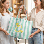 Personalised Multicolour Plush Embroidery Striped Canvas Tote Bag with Text Back to School Teacher Appreciation Week Teacher's Day Gift for Teacher