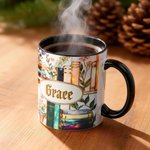 Personalized 3D-Effect Artwork Stained Glass Floral Bookshelf Coffee Mug with Name Birthday Reading Gift for Book Lover Bookworm