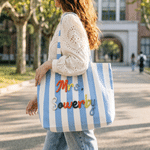 Personalised Multicolour Plush Embroidery Striped Canvas Tote Bag with Text Back to School Teacher Appreciation Week Teacher's Day Gift for Teacher