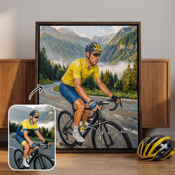 Personalised Oil Painting Style Cyclist Photo Canvas Prints with Name Modern Living Room Decor Ship from USA Birthday Gift for Cycling Lovers
