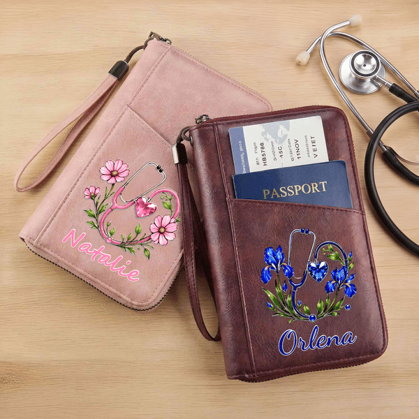 Personalized Birth Flower & Birthstone Stethoscope PU Leather Passport Holder Wallet with Name Travel Essential Birthday Gift for Nurse Doctor