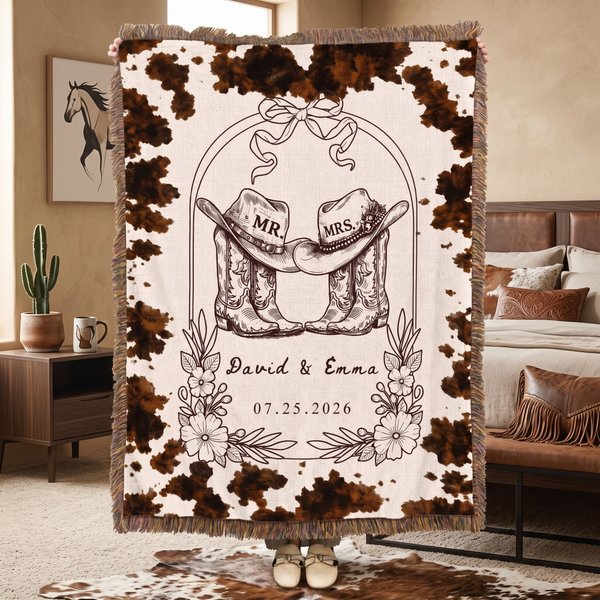Custom Cowboy Tassel Throw Blanket with Names | Birthday Anniversary Wedding Gift for Newlyweds