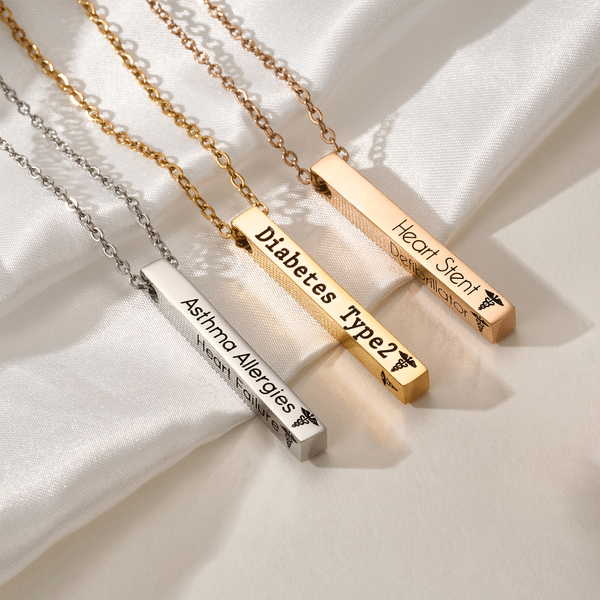 Personalized Medical Alert Bar Necklace with 1-4 Sides Text Birthday Gift for Women Patients