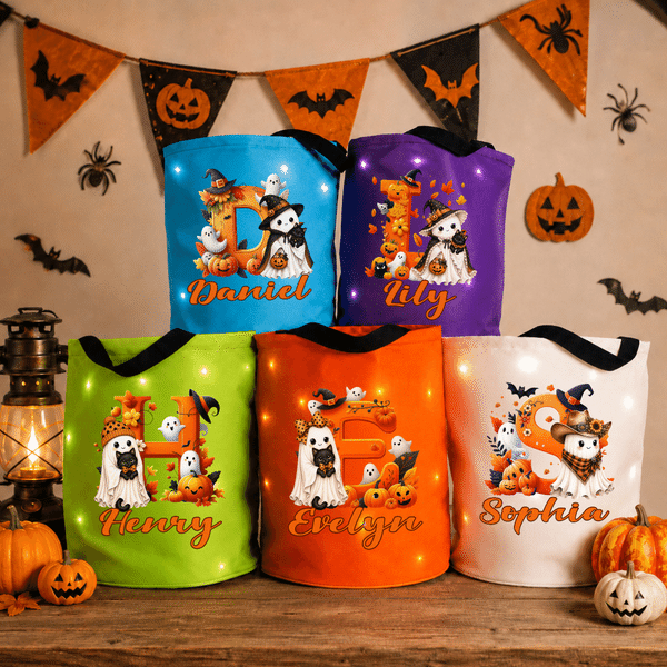 Personalized Cute Pumpkin Ghost LED Light Bucket Bag with Name and Initial Trick or Treat Halloween Party Birthday Gift for Kid Boy Girl