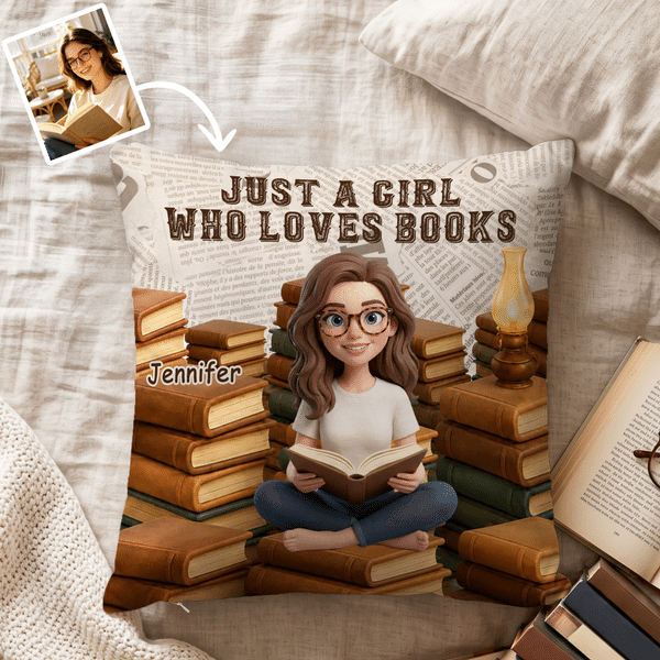 Personalized 3D-Effect Artwork Book‑Reading Character Photo Soft Throw Pillow Cover with Name and Text Home Decor Birthday Gift for Bookworm Reader