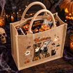 Henkilökohtainen kurpitsa-kissa-kummitus -aiheinen, patchwork-tyylinen, nimikirjaimilla varustettu, tilava juuttikassi, jossa on nimi – Halloween-lahja lapselle, joka rakastaa Halloweenia