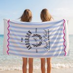 Personlig snabbtorkande strandhandduk randig pool club design med familjenamn badlakan för sommarstuga och familjepresent