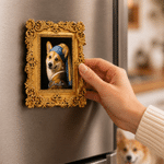 Personalised Oil-Painting Style Pet Portrait Art Vintage Frame Fridge Magnet with Name Birthday Adoption Anniversary Gift for Pet Lover Owner