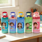 Personalised Q-Version Cartoon Character Photo 12 oz 16 oz Water Bottle with Name Straw and Handle Back to School Birthday Gift for Kids