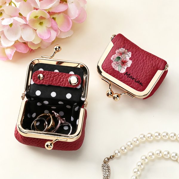 Personalized Ink Painting Style Birth Flower Portable PU Leather Mini Jewelry Case with Kiss Lock and Name Daily Use Birthday Gift for Women
