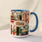 Personalized 3D-Effect Artwork Stained Glass Floral Bookshelf Coffee Mug with Name Birthday Reading Gift for Book Lover Bookworm