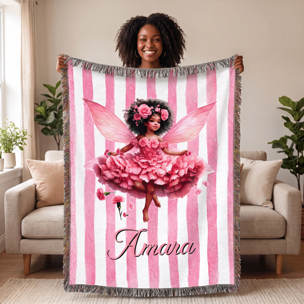 Personalised Birth Flower Fairy Soft Throw Blanket with Name and Tassel Home Decor Daily Use Birthday Gift for Black Girl
