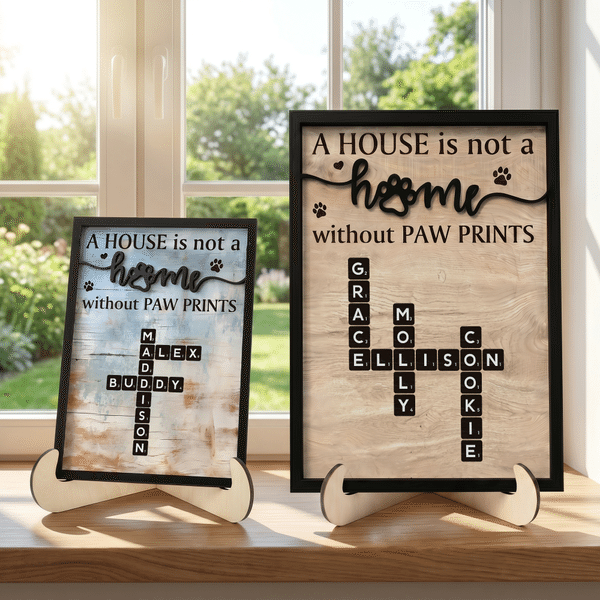 Personalized Cute Paw Print Crossword Puzzle Art Wooden Plaque with Name Home Decor Birthday Gift for Pet Owners Lovers